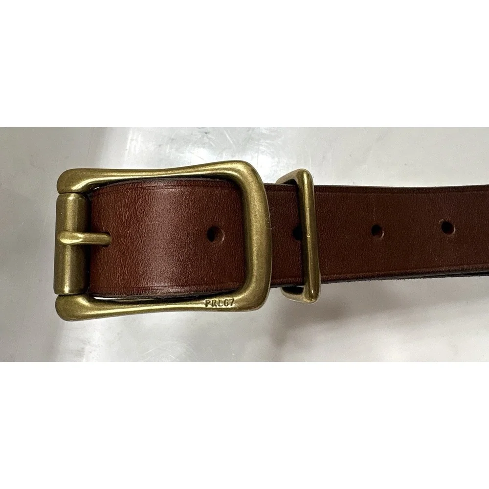 Polo Ralph Lauren Brown Leather Belt Brass Nameplate Plaque Buckle Men's 38